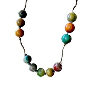 Vintage Gemstone Beads Polish Semi Precious Multi Color Metal Necklace Jewelry